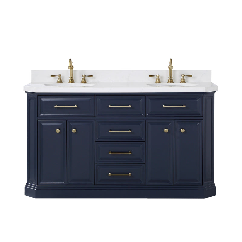 Water Creation Palace 60" Double Sink White Quartz Countertop Vanity in Monarch Blue with Hook Faucets PA60QZ06MB-000TL1206