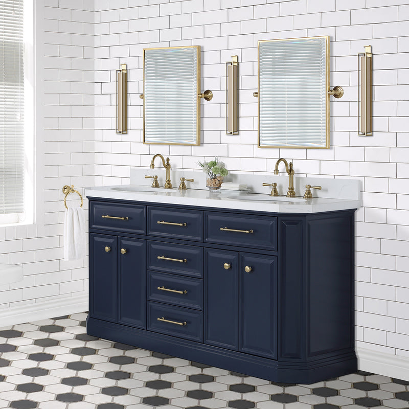 Water Creation Palace 60" Double Sink White Quartz Countertop Vanity in Monarch Blue with Hook Faucets PA60QZ06MB-000TL1206