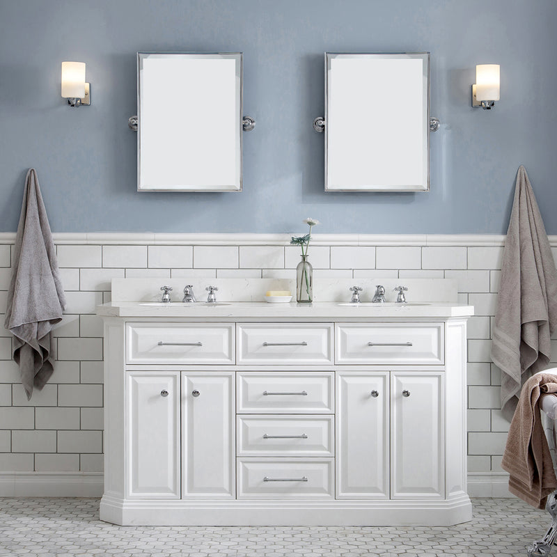 Water Creation 60" Palace Collection Quartz Carrara Pure White Bathroom Vanity Set with Hardware in Chrome Finish PA60QZ01PW-000000000