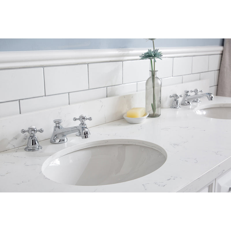 Water Creation 60" Palace Collection Quartz Carrara Pure White Bathroom Vanity Set with Hardware and F2-0009 Faucets Mirror in Chrome Finish PA60QZ01PW-E18BX0901