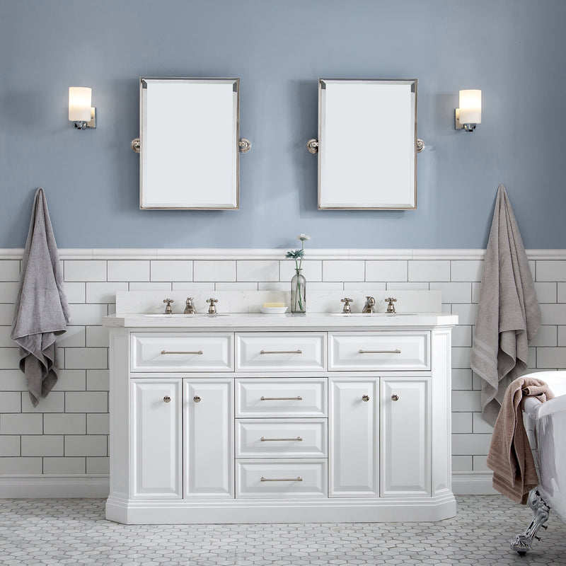 Water Creation 60" Palace Collection Quartz Carrara Pure White Bathroom Vanity Set with Hardware and F2-0009 Faucets Mirror in Polished Nickel PVD Finish PA60QZ05PW-E18BX0905