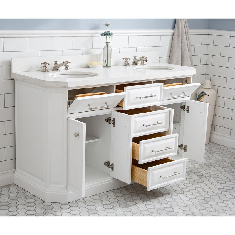 Water Creation 60" Palace Collection Quartz Carrara Pure White Bathroom Vanity Set with Hardware in Polished Nickel PVD Finish PA60QZ05PW-000000000