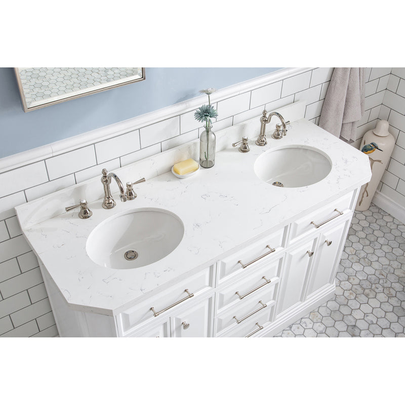 Water Creation 60" Palace Collection Quartz Carrara Pure White Bathroom Vanity Set with Hardware and F2-0012 Faucets Mirror in Polished Nickel PVD Finish PA60QZ05PW-E18TL1205