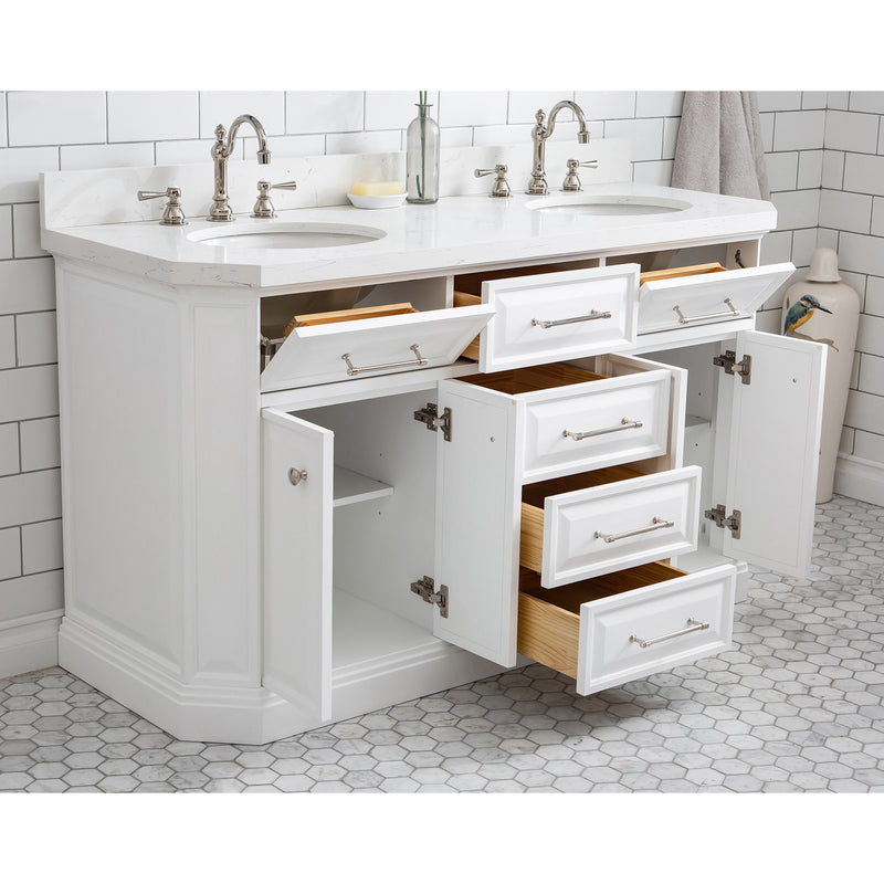 Water Creation 60" Palace Collection Quartz Carrara Pure White Bathroom Vanity Set with Hardware and F2-0012 Faucets in Polished Nickel PVD Finish PA60QZ05PW-000TL1205