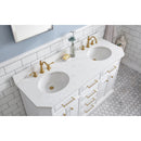 Water Creation 60" Palace Collection Quartz Carrara Pure White Bathroom Vanity Set with Hardware and F2-0012 Faucets in Satin Gold Finish and Only Mirrors in Chrome Finish PA60QZ06PW-E18TL1206