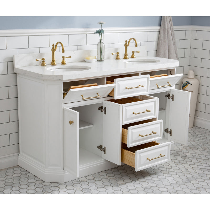 Water Creation 60" Palace Collection Quartz Carrara Pure White Bathroom Vanity Set with Hardware and F2-0012 Faucets in Satin Gold Finish and Only Mirrors in Chrome Finish PA60QZ06PW-E18TL1206