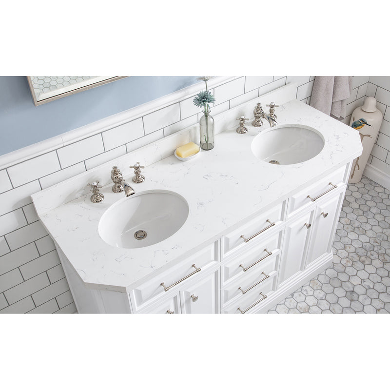 Water Creation 60" Palace Collection Quartz Carrara Pure White Bathroom Vanity Set with Hardware and F2-0013 Faucets Mirror in Polished Nickel PVD Finish PA60QZ05PW-E18FX1305