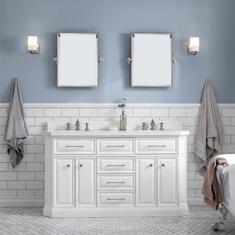 Water Creation 60" Palace Collection Quartz Carrara Pure White Bathroom Vanity Set with Hardware and F2-0013 Faucets in Polished Nickel PVD Finish PA60QZ05PW-000FX1305