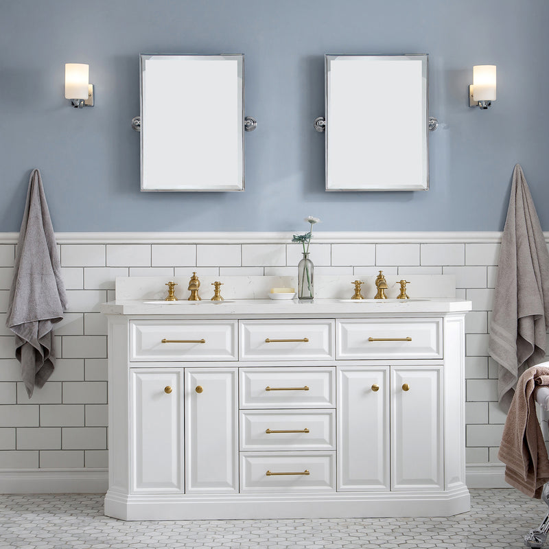 Water Creation 60" Palace Collection Quartz Carrara Pure White Bathroom Vanity Set with Hardware and F2-0013 Faucets in Satin Gold Finish and Only Mirrors in Chrome Finish PA60QZ06PW-E18FX1306