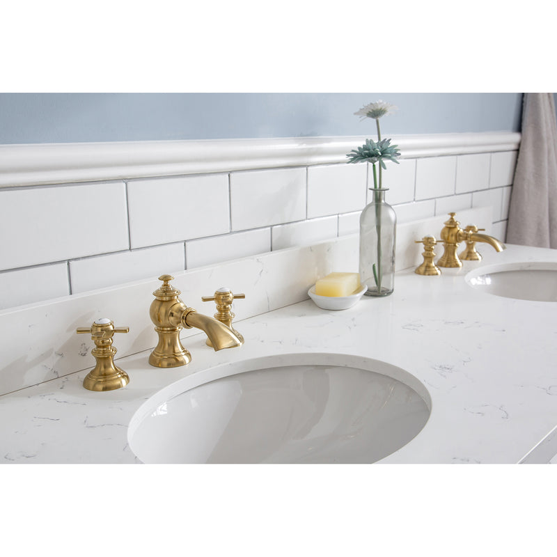 Water Creation 60" Palace Collection Quartz Carrara Pure White Bathroom Vanity Set with Hardware and F2-0013 Faucets in Satin Gold Finish and Only Mirrors in Chrome Finish PA60QZ06PW-000FX1306