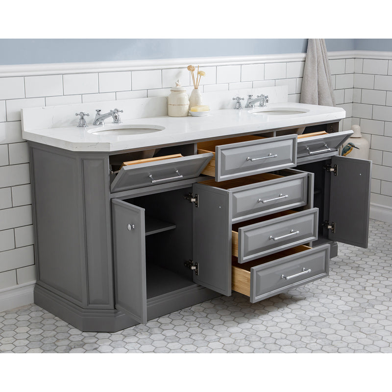 Water Creation 72" Palace Collection Quartz Carrara Cashmere Gray Bathroom Vanity Set with Hardware in Chrome Finish PA72QZ01CG-000000000