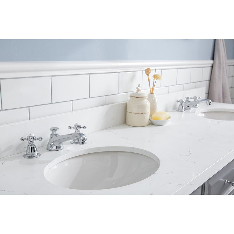 Water Creation 72" Palace Collection Quartz Carrara Cashmere Gray Bathroom Vanity Set with Hardware and F2-0009 Faucets in Chrome Finish PA72QZ01CG-000BX0901