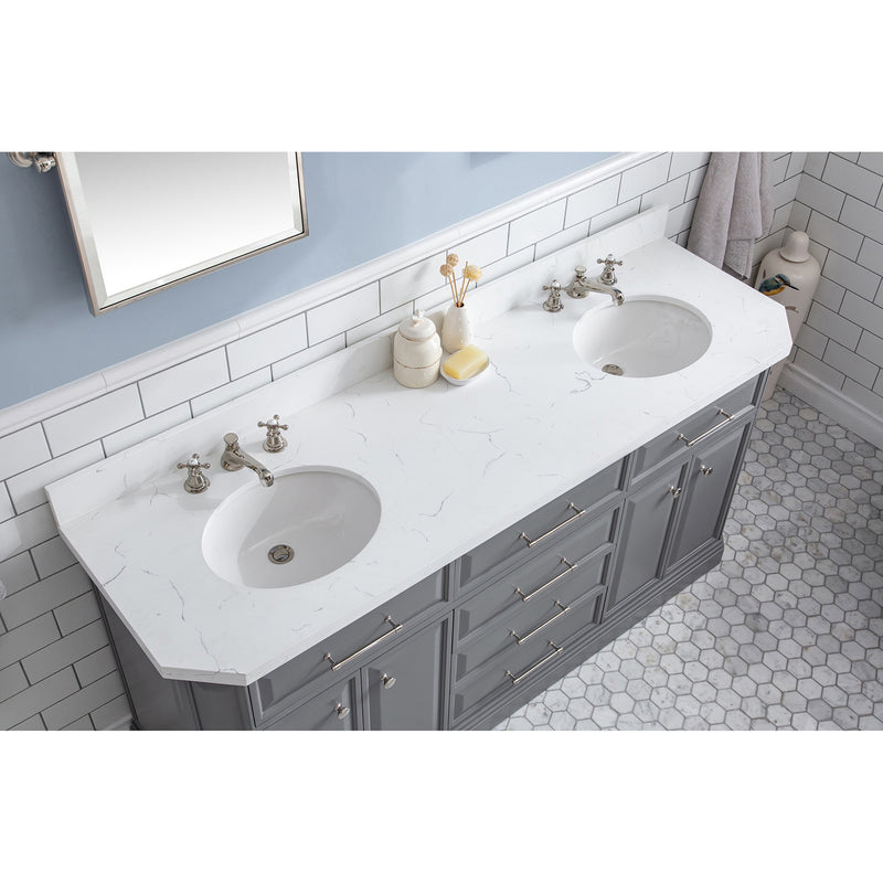 Water Creation 72" Palace Collection Quartz Carrara Cashmere Gray Bathroom Vanity Set with Hardware and F2-0009 Faucets Mirror in Polished Nickel PVD Finish PA72QZ05CG-E18BX0905