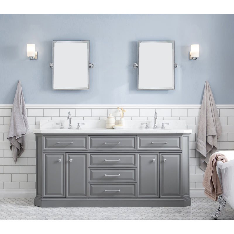 Water Creation 72" Palace Collection Quartz Carrara Cashmere Gray Bathroom Vanity Set with Hardware and F2-0012 Faucets Mirror in Chrome Finish PA72QZ01CG-E18TL1201