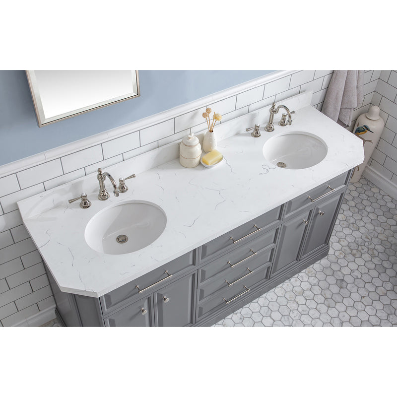 Water Creation 72" Palace Collection Quartz Carrara Cashmere Gray Bathroom Vanity Set with Hardware and F2-0012 Faucets Mirror in Polished Nickel PVD Finish PA72QZ05CG-E18TL1205