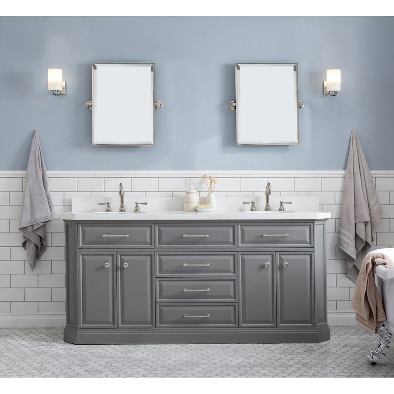 Water Creation 72" Palace Collection Quartz Carrara Cashmere Gray Bathroom Vanity Set with Hardware and F2-0012 Faucets in Polished Nickel PVD Finish PA72QZ05CG-000TL1205