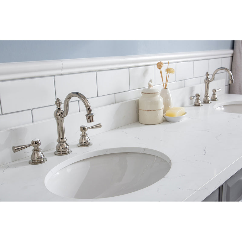 Water Creation 72" Palace Collection Quartz Carrara Cashmere Gray Bathroom Vanity Set with Hardware and F2-0012 Faucets in Polished Nickel PVD Finish PA72QZ05CG-000TL1205