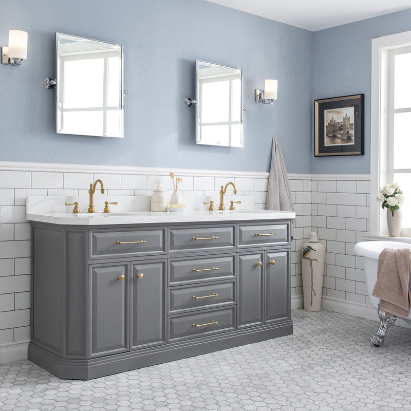 Water Creation 72" Palace Collection Quartz Carrara Cashmere Gray Bathroom Vanity Set with Hardware and F2-0012 Faucets in Satin Gold Finish and Only Mirrors in Chrome Finish PA72QZ06CG-000TL1206