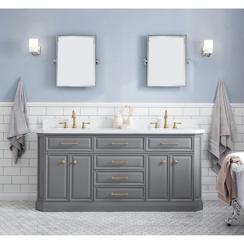 Water Creation 72" Palace Collection Quartz Carrara Cashmere Gray Bathroom Vanity Set with Hardware and F2-0012 Faucets in Satin Gold Finish and Only Mirrors in Chrome Finish PA72QZ06CG-E18TL1206