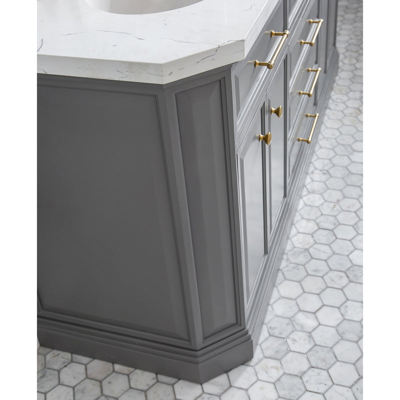 Water Creation 72" Palace Collection Quartz Carrara Cashmere Gray Bathroom Vanity Set with Hardware and F2-0012 Faucets in Satin Gold Finish and Only Mirrors in Chrome Finish PA72QZ06CG-E18TL1206