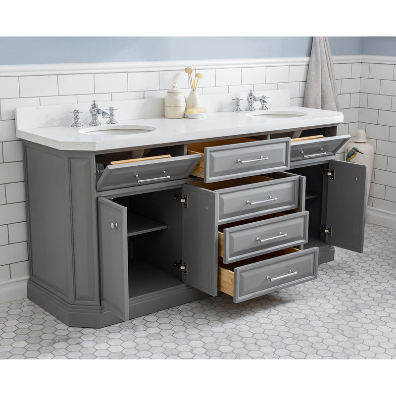 Water Creation 72" Palace Collection Quartz Carrara Cashmere Gray Bathroom Vanity Set with Hardware and F2-0013 Faucets Mirror in Chrome Finish PA72QZ01CG-E18FX1301