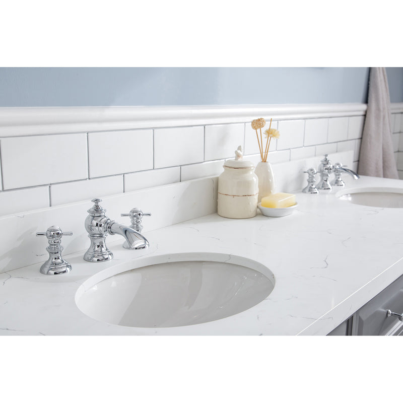 Water Creation 72" Palace Collection Quartz Carrara Cashmere Gray Bathroom Vanity Set with Hardware and F2-0013 Faucets Mirror in Chrome Finish PA72QZ01CG-E18FX1301