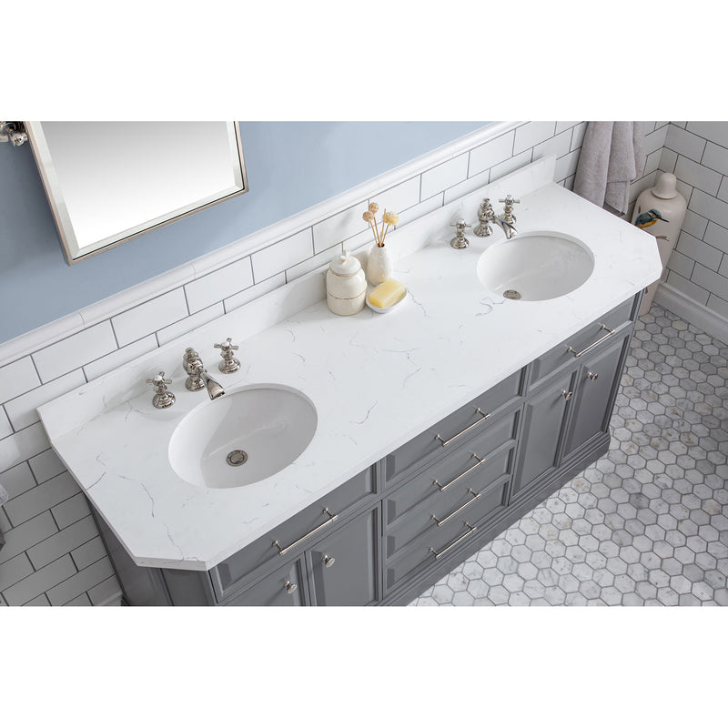 Water Creation 72" Palace Collection Quartz Carrara Cashmere Gray Bathroom Vanity Set with Hardware and F2-0013 Faucets Mirror in Polished Nickel PVD Finish PA72QZ05CG-E18FX1305