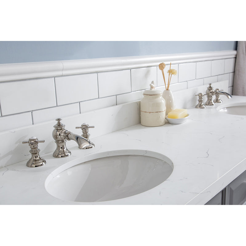 Water Creation 72" Palace Collection Quartz Carrara Cashmere Gray Bathroom Vanity Set with Hardware and F2-0013 Faucets in Polished Nickel PVD Finish PA72QZ05CG-000FX1305