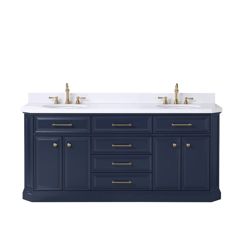 Water Creation Palace 72" Double Sink White Quartz Countertop Vanity in Monarch Blue with Hook Faucets PA72QZ06MB-000TL1206