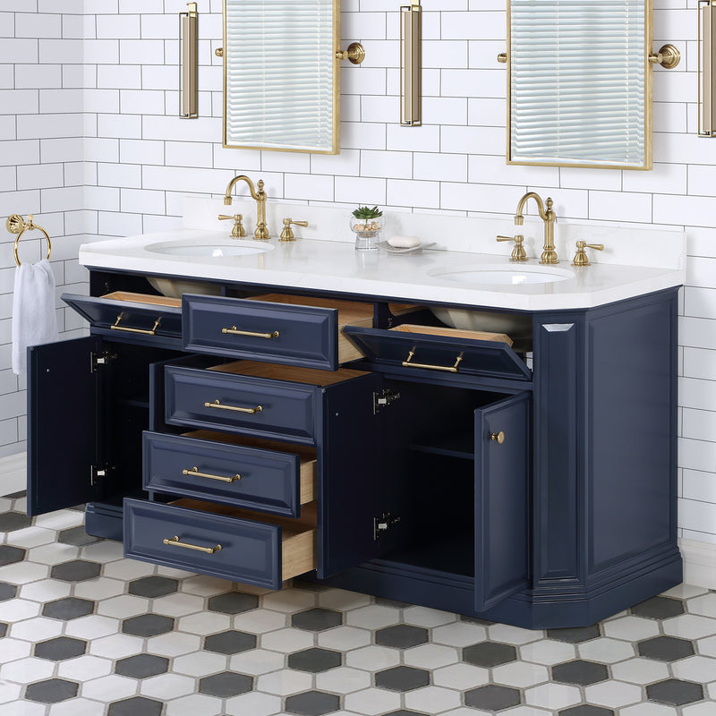 Water Creation Palace 72" Double Sink White Quartz Countertop Vanity in Monarch Blue with Hook Faucets PA72QZ06MB-000TL1206