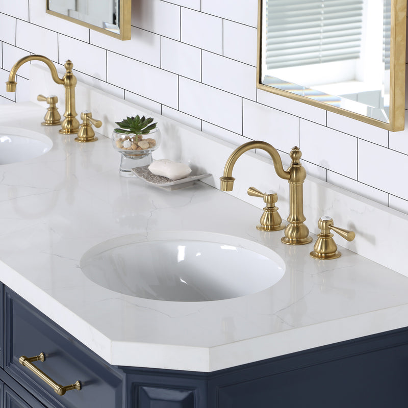 Water Creation Palace 72" Double Sink White Quartz Countertop Vanity in Monarch Blue with Hook Faucets PA72QZ06MB-000TL1206