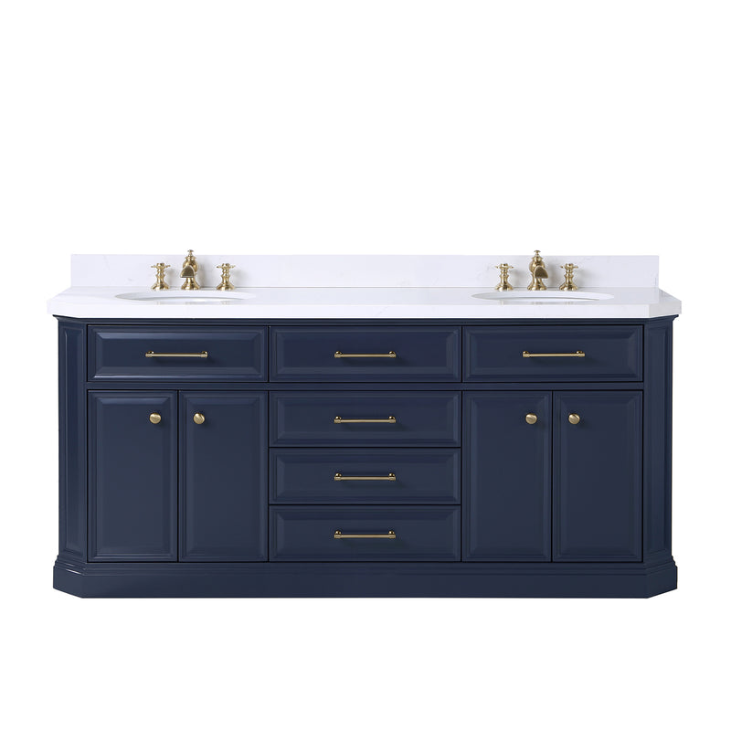 Water Creation Palace 72" Double Sink White Quartz Countertop Vanity in Monarch Blue with Waterfall Faucets PA72QZ06MB-000FX1306