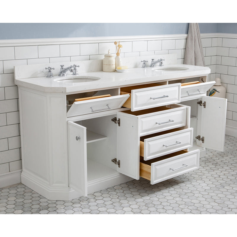 Water Creation 72" Palace Collection Quartz Carrara Pure White Bathroom Vanity Set with Hardware Mirror in Chrome Finish PA72QZ01PW-E18000000