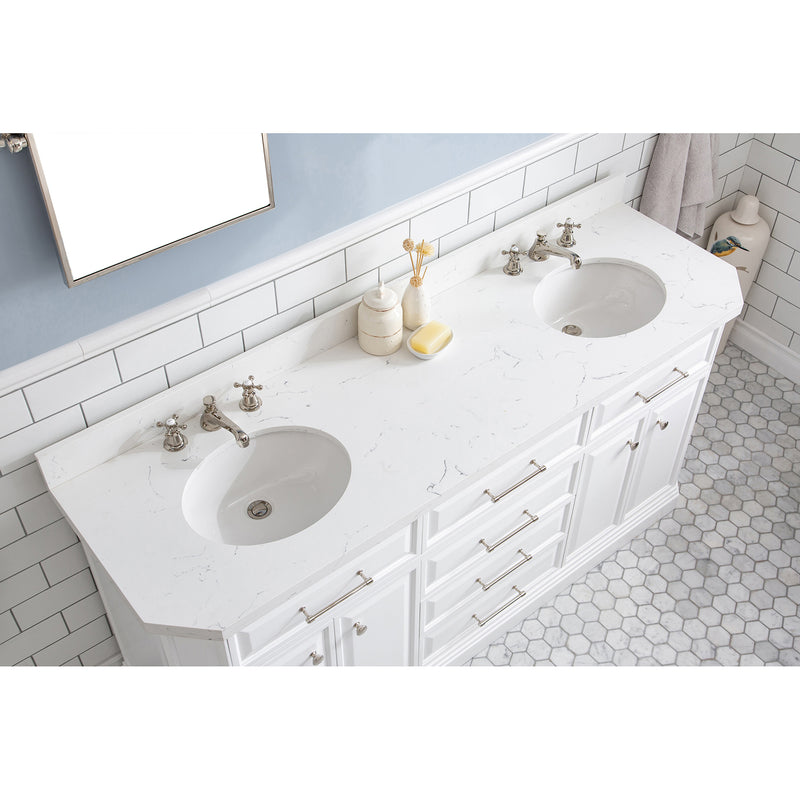 Water Creation 72" Palace Collection Quartz Carrara Pure White Bathroom Vanity Set with Hardware and F2-0009 Faucets Mirror in Polished Nickel PVD Finish PA72QZ05PW-E18BX0905