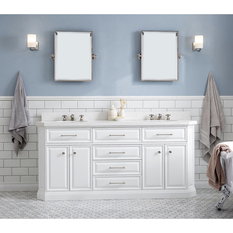 Water Creation 72" Palace Collection Quartz Carrara Pure White Bathroom Vanity Set with Hardware Mirror in Polished Nickel PVD Finish PA72QZ05PW-E18000000