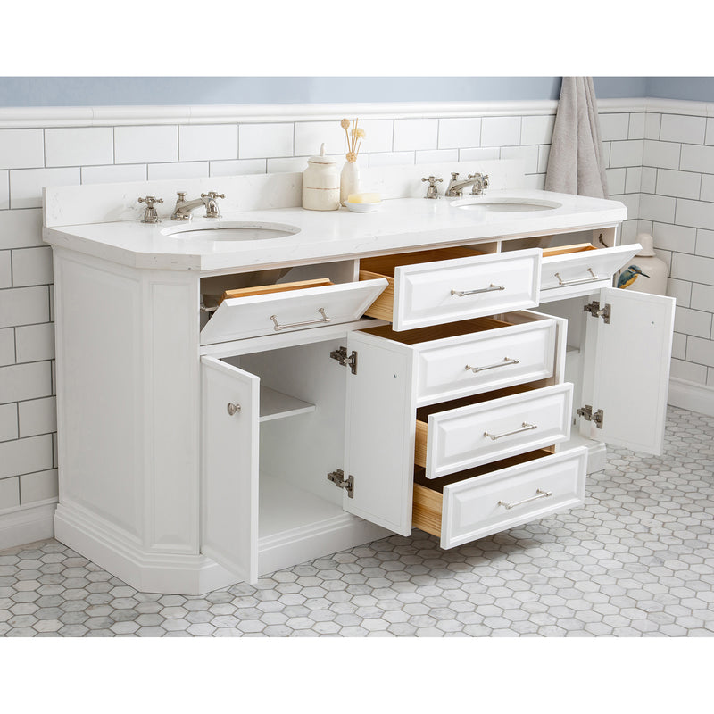 Water Creation 72" Palace Collection Quartz Carrara Pure White Bathroom Vanity Set with Hardware Mirror in Polished Nickel PVD Finish PA72QZ05PW-E18000000