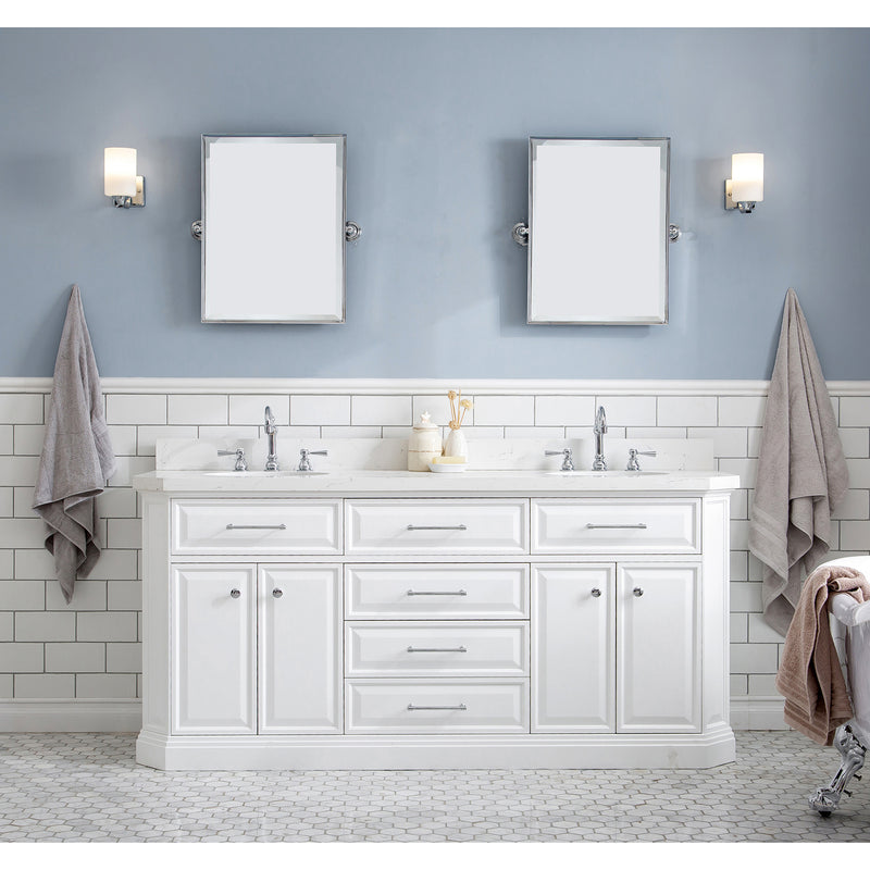 Water Creation 72" Palace Collection Quartz Carrara Pure White Bathroom Vanity Set with Hardware and F2-0012 Faucets Mirror in Chrome Finish PA72QZ01PW-E18TL1201