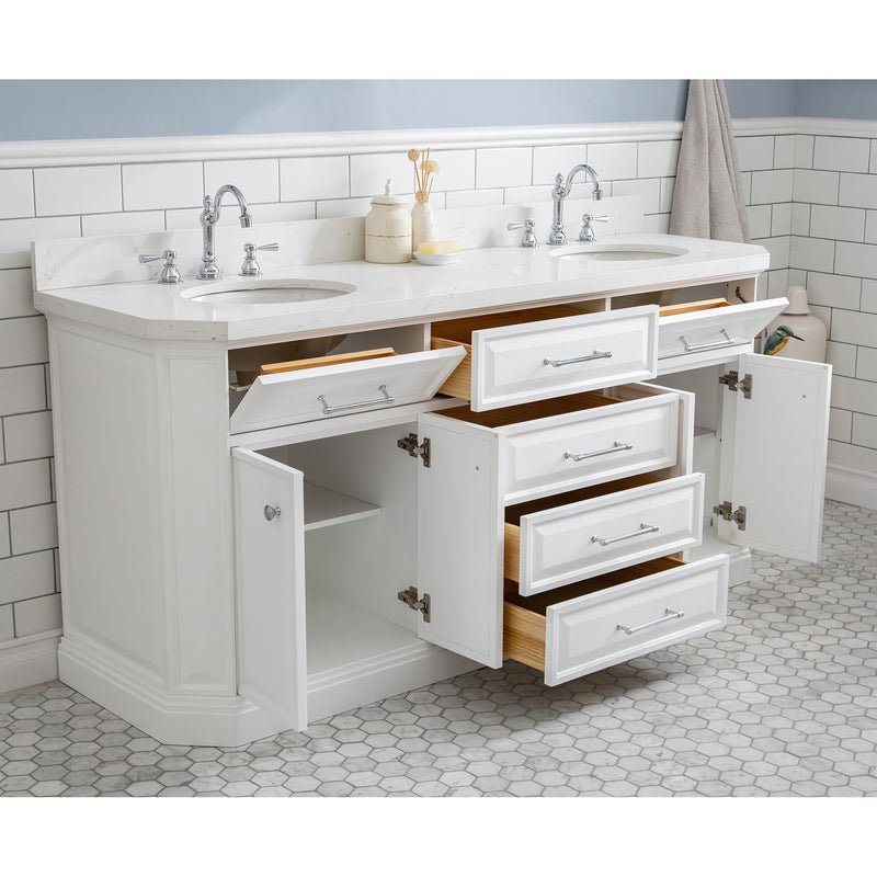 Water Creation 72" Palace Collection Quartz Carrara Pure White Bathroom Vanity Set with Hardware and F2-0012 Faucets in Chrome Finish PA72QZ01PW-000TL1201