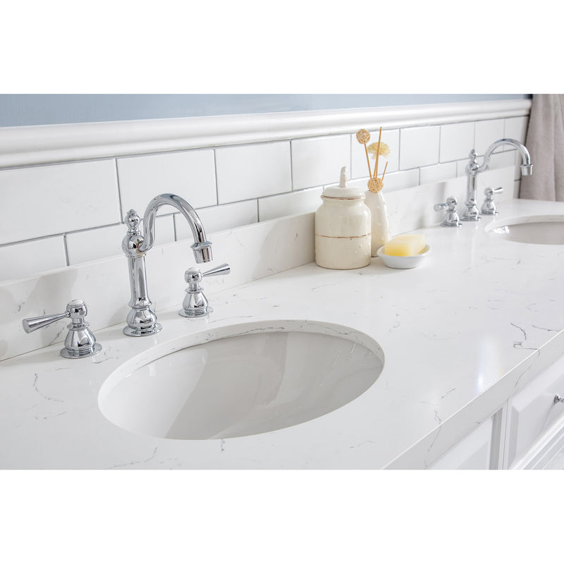 Water Creation 72" Palace Collection Quartz Carrara Pure White Bathroom Vanity Set with Hardware and F2-0012 Faucets in Chrome Finish PA72QZ01PW-000TL1201