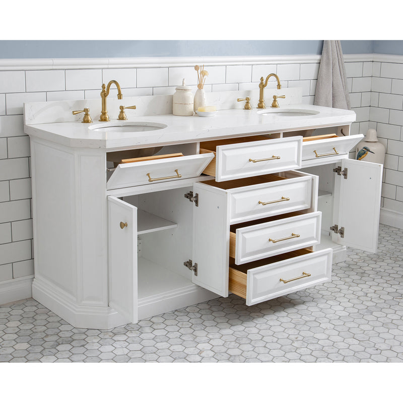 Water Creation 72" Palace Collection Quartz Carrara Pure White Bathroom Vanity Set with Hardware and F2-0012 Faucets in Satin Gold Finish and Only Mirrors in Chrome Finish PA72QZ06PW-000TL1206