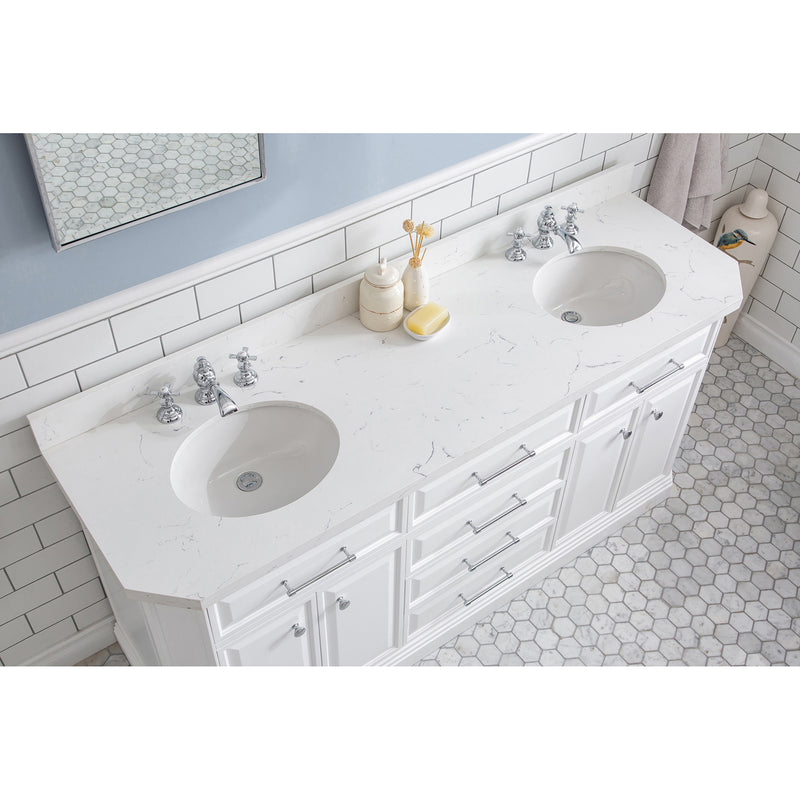 Water Creation 72" Palace Collection Quartz Carrara Pure White Bathroom Vanity Set with Hardware and F2-0013 Faucets in Chrome Finish PA72QZ01PW-000FX1301