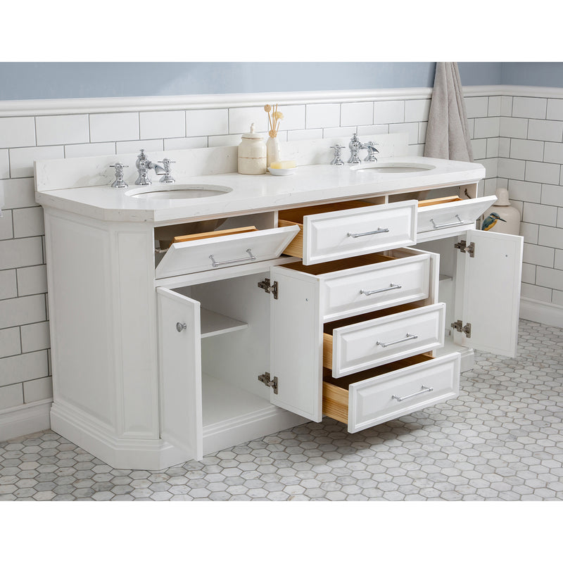 Water Creation 72" Palace Collection Quartz Carrara Pure White Bathroom Vanity Set with Hardware and F2-0013 Faucets in Chrome Finish PA72QZ01PW-000FX1301