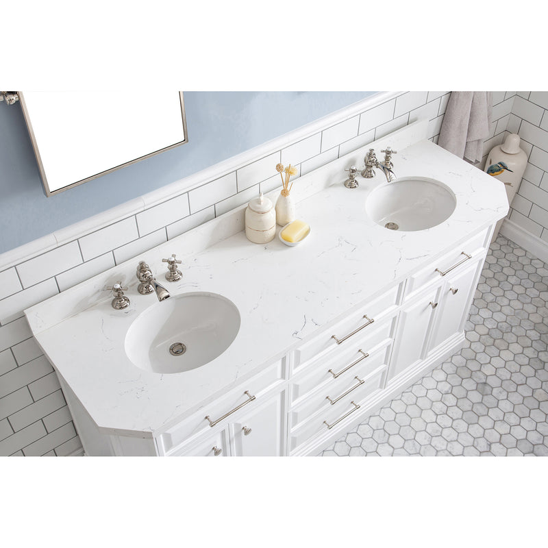 Water Creation 72" Palace Collection Quartz Carrara Pure White Bathroom Vanity Set with Hardware and F2-0013 Faucets Mirror in Polished Nickel PVD Finish PA72QZ05PW-E18FX1305