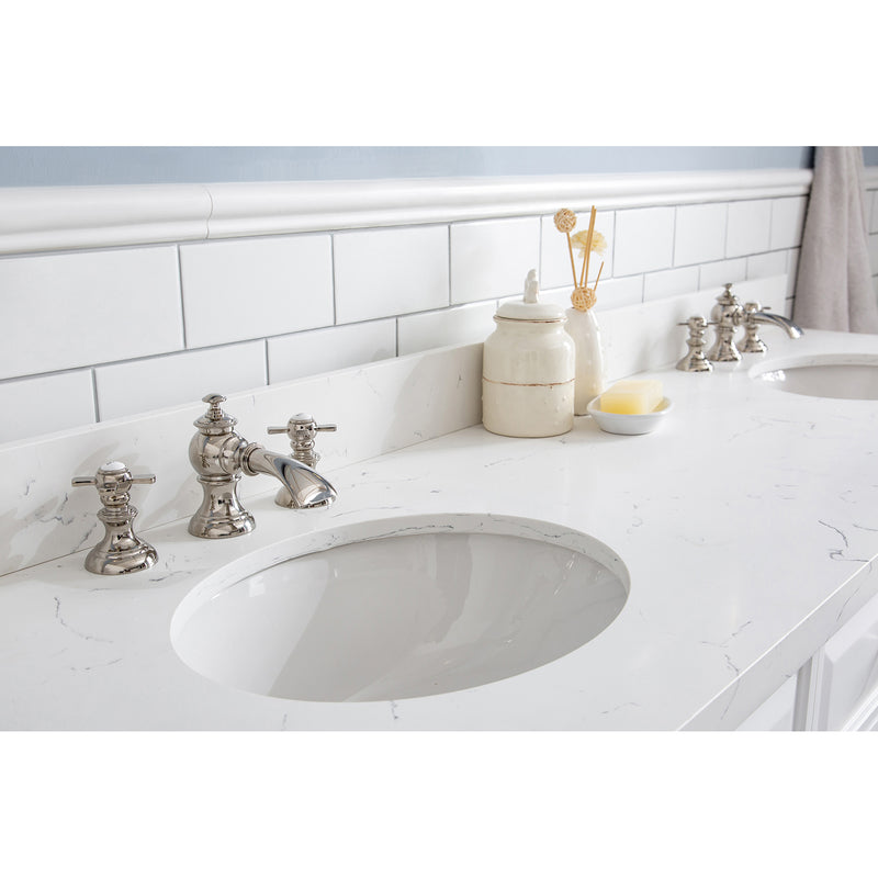 Water Creation 72" Palace Collection Quartz Carrara Pure White Bathroom Vanity Set with Hardware and F2-0013 Faucets Mirror in Polished Nickel PVD Finish PA72QZ05PW-E18FX1305