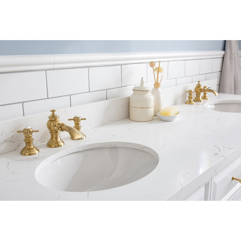 Water Creation 72" Palace Collection Quartz Carrara Pure White Bathroom Vanity Set with Hardware and F2-0013 Faucets in Satin Gold Finish and Only Mirrors in Chrome Finish PA72QZ06PW-000FX1306