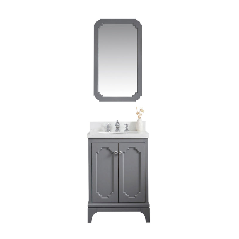 Water Creation Queen 24" Single Sink Quartz Carrara Vanity In Cashmere Gray with Matching Mirror and F2-0013-01-FX Lavatory Faucet QU24QZ01CG-Q21FX1301