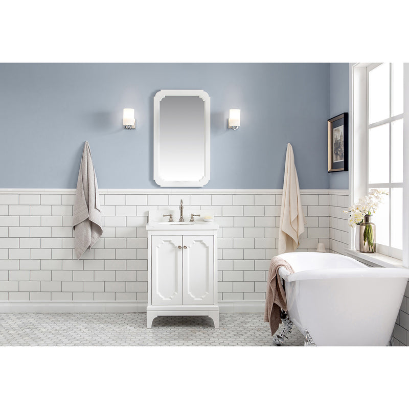 Water Creation Queen 24" Single Sink Quartz Carrara Vanity In Pure White with Matching Mirror and F2-0009-05-BX Lavatory Faucet QU24QZ05PW-Q21BX0905