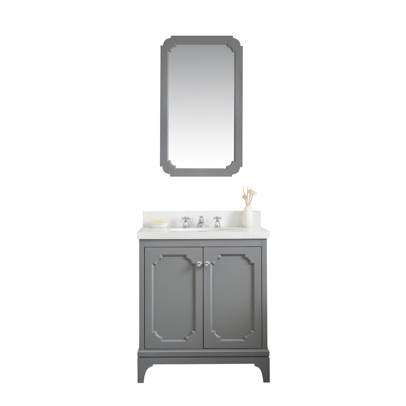 Water Creation Queen 30" Single Sink Quartz Carrara Vanity In Cashmere Gray with F2-0009-01-BX Lavatory Faucet QU30QZ01CG-000BX0901