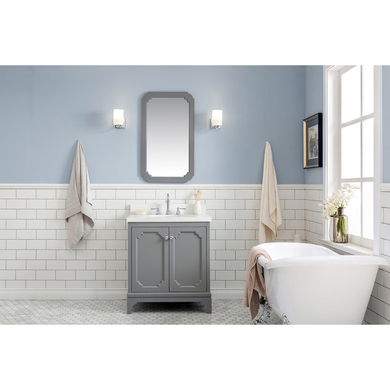 Water Creation Queen 30" Single Sink Quartz Carrara Vanity In Cashmere Gray with Matching Mirror QU30QZ01CG-Q21000000