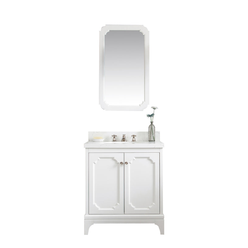 Water Creation Queen 30" Single Sink Quartz Carrara Vanity In Pure White with Matching Mirror QU30QZ05PW-Q21000000